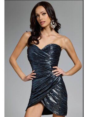 Stepping Out Metallic Jovani Mini Dress Charcoal Gray Size 4 NWT